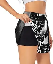 [WURTON] Black White Music Note Print Exercise Gym Workout Shorts Women's Athletic Shorts Dual-Layered Yoga Running Shorts