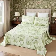 [Usfivefam] Floral Sheets Set Full, Botanical Printed Cream Vintage Flowers French Toile Bed Sheets Set, 4 Piece Soft Microfiber Deep Pocket Luxury Bohemian Sheets Set