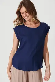 Rejina Top Cap Sleeve in Navy Linen Blend 8