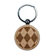 Argyle Sweater Pattern Engraved Wood Round Keychain Tag Charm
