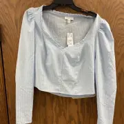 Topshop Light Blue Satin Prairie Crop Top Size 10 Long Sleeve NWT