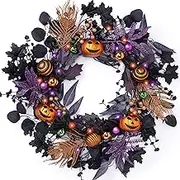 Valery Madelyn Collapsible Halloween Wreath for Front Door with Lights, 24 Inch Pre-Lit Jack-o'-Lantern Pumpkin Wreath Halloween Decorations for Centerpiece Window Indoor Party Holiday Wall Home Decor