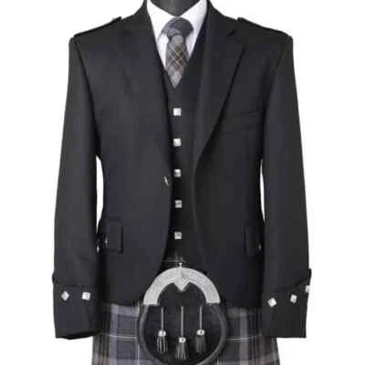 Black Argyle Kilt Jacket & Vest Scottish Highland Jacket Formal Highland Wear
