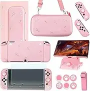 GUTIAL Accessories Bundle for Nintendo Switch OLED - Pink Girly Accessories Kit for Nintendo Switch OLED Model 2021 with Carry Case Screen Protector Cover Case Stand Cute Thumb Grips for Girls - Pink