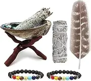 Generic Smudge Set - Premium Natural Abalone Shell, 2 White Sage Bundles, Smudging Feather, 2 Chakra Lava Bracelets for Smudging, Healing, Cleansing