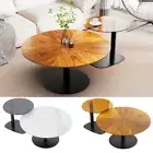 2x Modern Coffee Table Set Round Nesting Table Beech Wood/Sintered Stone + Glass