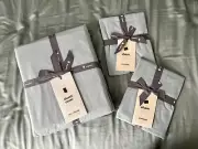 NWT West Elm Organic Wash Cotton Percale Duvet w/ 2 Shams, Queen, Light Blue