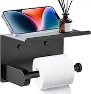 Toilet Roll Holder with Phone Shelf, Rustproof Toilet Paper Holder Stainless Steel Wall Mount Self Adhesive Toilet Paper Holder,Toilet Tissue Holder by H HOME-MART Black (1 Pack)