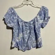 Roxy Crop Top Women's XS Blue Short Sleeve Elasticated Scoop Neck Button Front