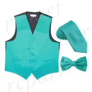 New Men's teal formal vest Tuxedo Waistcoat_necktie & bowtie set wedding party