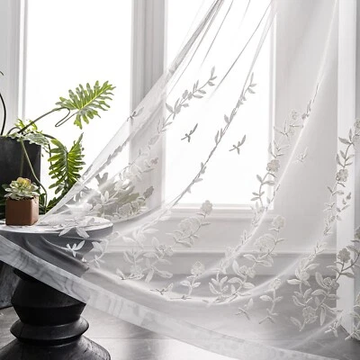 Melodieux Flower Embroidery Sheer Curtain for Living Room Patio Sliding Door ...