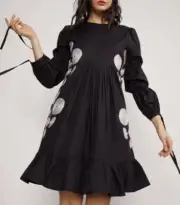 Cynthia Rowley Kyoto Embroided Dress Sz XS Black/White Floral $400 long sleeve