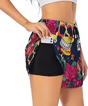 [WURTON] Sugar and Skulls and Flowers Print Exercise Gym Workout Shorts Women's Athletic Shorts Dual-Layered Yoga Running Shorts