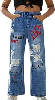 [Floerns] Toddler Girl's Elastic Waist Ripped Graphic Print Straight Leg Denim Pants