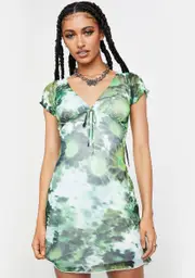 [Motel] Xray Blurred Daisy Green Mesh Evilia Mini Dress