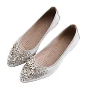 Nevenka Women Flat Shoes Flower Rhinestone Sparkly Slip Ons Shoes-Silver2