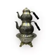 Teapot Set Embroidered Copper, Turkish Double Tea Kettle Ottoman Heating Plate