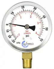 1-1/2" Vacuum Gauge-Chrome Plated Steel Case, 1/8"NPT, Lower Mnt. -30Hg/+60 psi