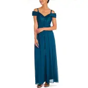 R&M Richards Sz 6 Petite Peacock Green Maxi Cold Shoulder Lace Evening Gown B11