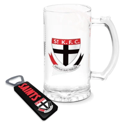 St Kilda Saints Official AFL Glass 500ml Stein & Magnetic Bottle Opener Gift Box