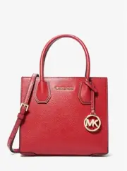 Michael Kors Mercer Medium Red Pebbled Leather Messenger Satchel Bag