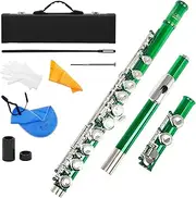 Western Concert Flute Cupronickel Nicke Plated 16 Holes C Key Woodwind Instrument with Cleaning Cloth Stick Gloves Scre River Padded Case Green
