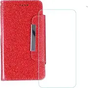 LCEHTOGYE Cover for TCL 406 + HD Tempered Glass,Shell PU BracketBumper Protective Back Case - Anti-Scratch Screen Protector for TCL 406-YSSD - Red