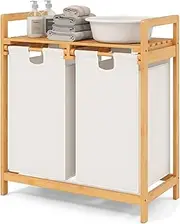 LeoLeoyy Bamboo Laundry Hamper with Dual Compartments, 2-Section Laundry Sorter Basket w/Removable Sliding Bags & Top Shelf, Utility Storage Organizer for Bathroom, Living Room, Bedroom, White (White)