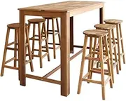 Bar Table and Stool Set 7 Pieces Solid Acacia Wood,Acacia Wood Bar Table Set with 6 Stools Rustic and Durable for Home, Bar, and Cafe Furniture Sets