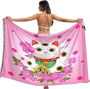 [RPLIFE] Cute Maneki Neko Pink Swimsuit Coverup Women Sarong, Summer Cover Ups Women, Bathing Suit Shawl, Fringe Sarong