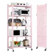 4-Tier Metal Foldable Storage Rack Shelf Shelving Unit With Wheels Kitchen Pink