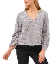 Vince Camuto Women's Silver Heather Fringe-Hem Shirred Sleeve Top, L, MSRP $79
