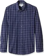[Amazon Essentials] Men's Slim-Fit Long-Sleeve Casual Poplin Shirt, Navy Windowpane, Medium
