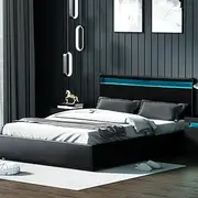 Artiss Queen Bed Frame Platform RGB LED Headboard Gas Lift Beds Base with Storage Space Frames Bedroom Room Decor Home Furniture, Upholstered with Black PVC Leather + Foam + Wood, Modern Design