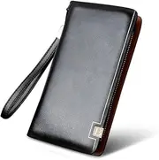 [Sosimcoty] Leather Men Wallets, Large Capacity Long Ladies Purse Card Holder Purse for Women with RFID Blocking and Detachable Wrist Black