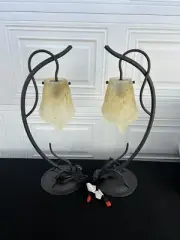 Art Deco Wrought Iron & Glass Table Lamp Set of 2