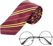 [HGJST] Harry Wizard Glasses and Striped Tie，Fun Halloween Costume - Wizard Griffindor Tie and Black Round Glasses