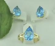 9.00 ct 14k Yellow Gold Pear Shape Blue Topaz Stud Earring Ring Set made in USA