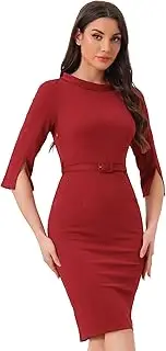[Allegra K] Sheath Dress for Women's 3/4 Sleeves Belted Mock Neck Pencil Work Bodycon Dresses