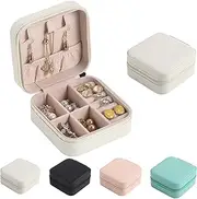 TOJUNE Mini Small Portable Travel Jewelry Organiser Box with Zipper Storage Case for Earrings, Rings, Bracelet, Necklaces for Her Girl and Woman Anniversary Valentines Mother's Birthday Gift (White)