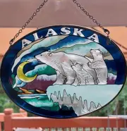 AMIA Studios Alaska Suncatcher Stained Glass Window Art Polar Bears & Moon NIB