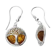Cognac Amber Tree Of Life Hook In Drop Sterling Silver
