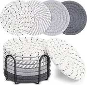 8 Pcs Drink Coasters with Holder, Minimalist Cotton Woven 4 Colors Absorbent Coaster Set for Home Decor Tabletop Protection Suitable for Kinds of Cups, 4.3 Inches (Gray)