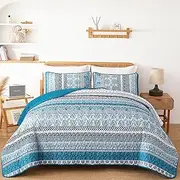 WONGS BEDDING Boho Quilt Set King Size, Teal Blue Bohemian 3 Pieces Quilt Sets, Lightweight Bedspread Coverlet Bedding Set for All Season (104"x90")