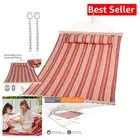 Large Red Striped Double Hammock with Comfort Pillow - Easy Setup & Portable