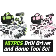WORKPRO 157PC Hand Tool Set 20V Cordless Drill Driver Home Tool Kit US Pink/Grey