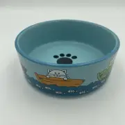 Whisker City Cat Ceramic Bowl 5" Dia Food & Water Blue, Cats In Boats, Fish, NWT
