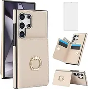 Asuwish Phone Case for Samsung Galaxy S24 Ultra 5G Cover with Tempered Glass Screen Protector and RFID Card Holder Slot Ring Kickstand Cell Accessories S24Ultra 24S S 24 24Ultra Women Men Off White