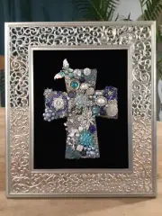 Beautiful Silver & Blue Framed Jewelry Art Cross One Of A Kind Piece