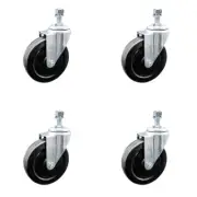 5 Inch SS Hard Rubber Wheel Swivel 3/8 Inch Threaded Stem Caster Set SCC